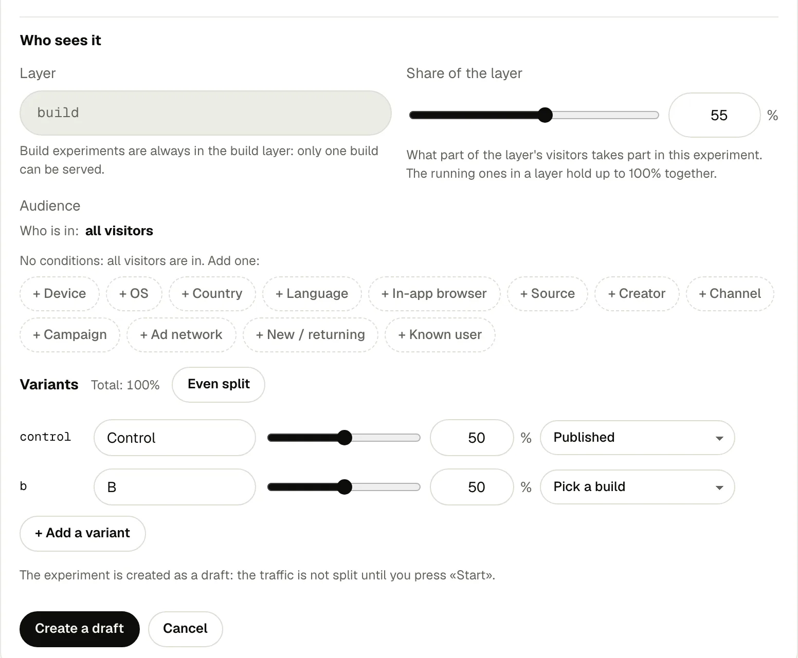 The “A/B tests” screen of Funnels